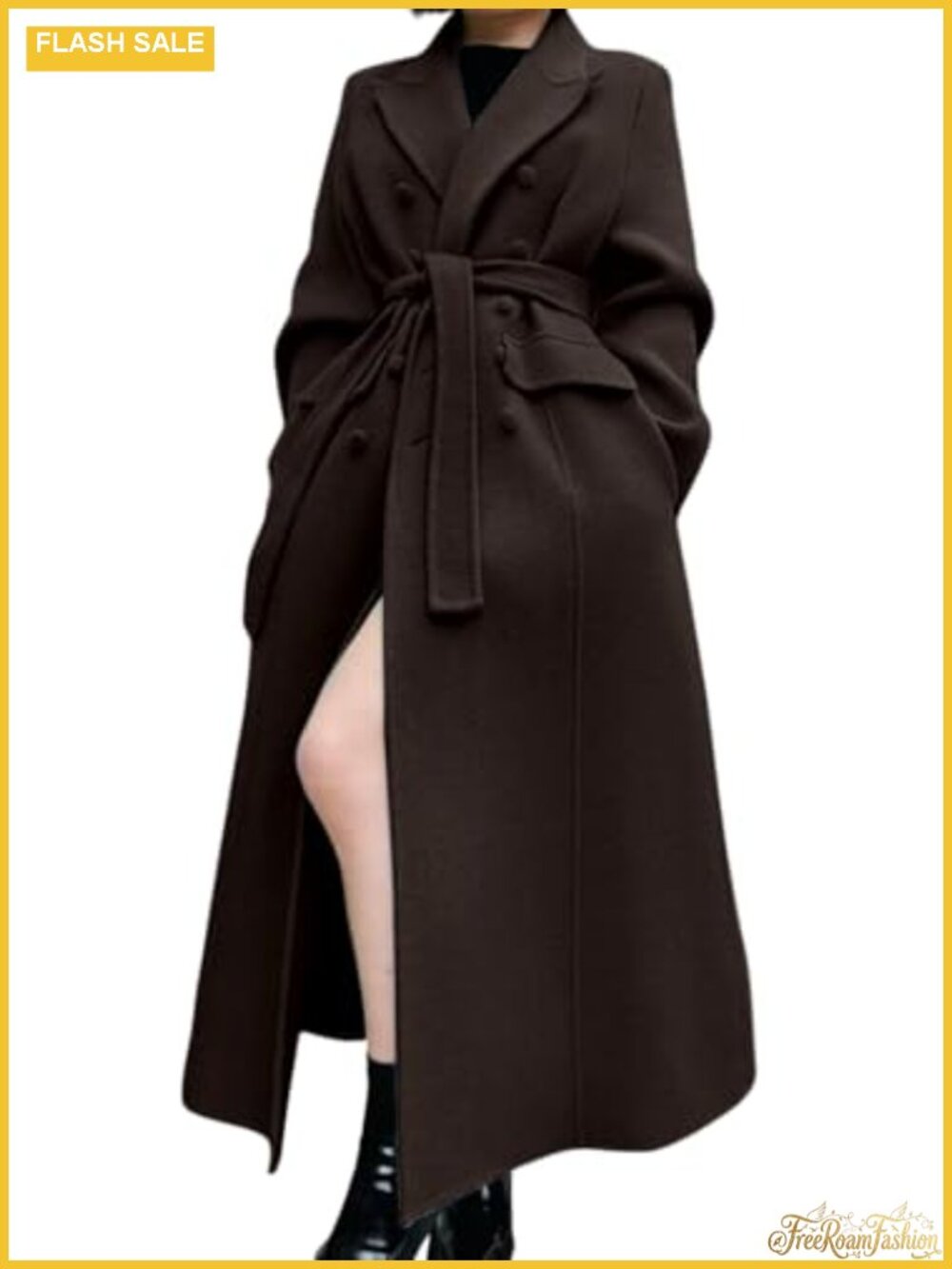 Women Long Wool Blend Pea Coat Double Breasted Winter Overcoat with Belt